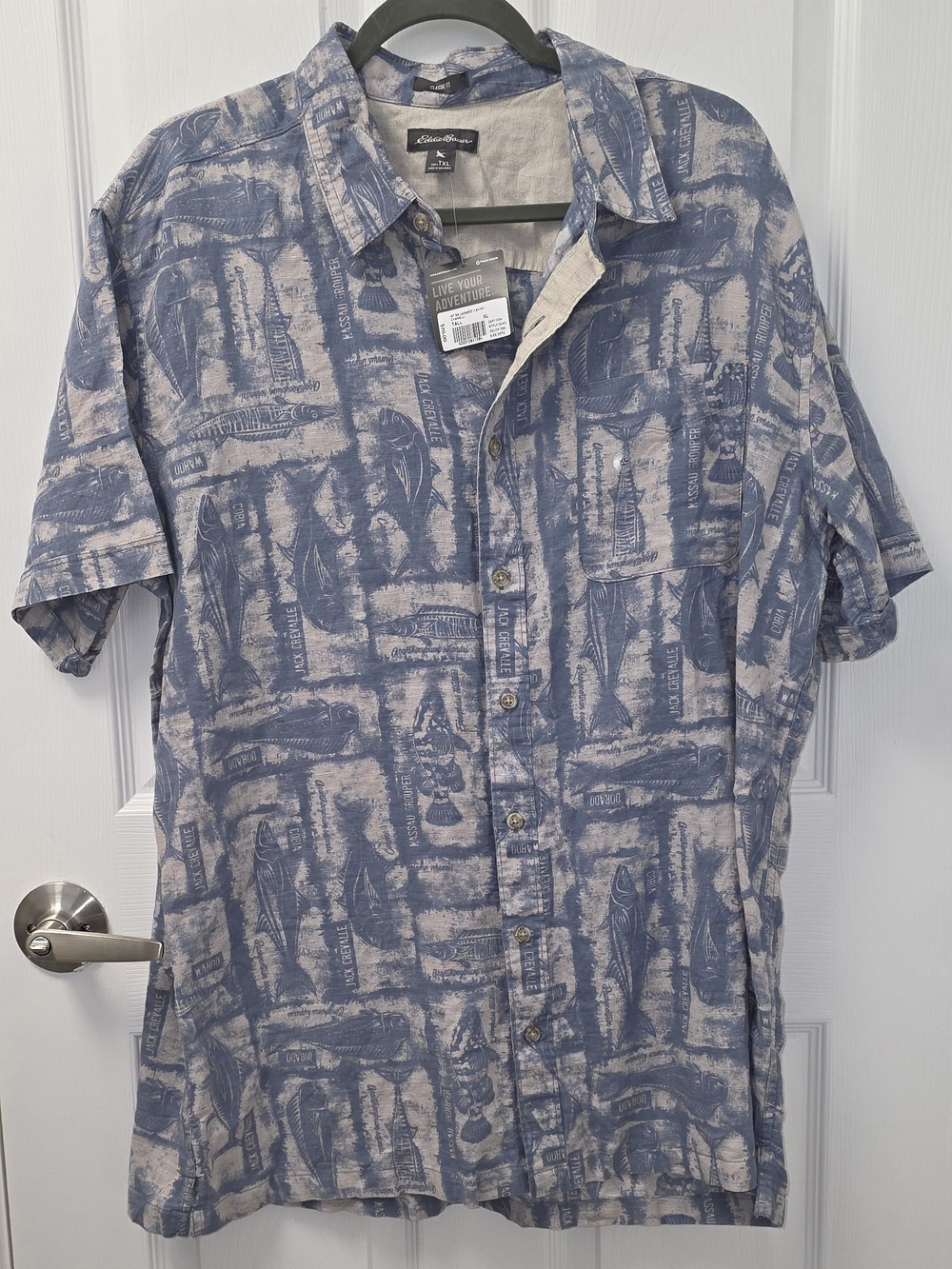 NEW Eddie Bauer Men's Short Sleeve Shirt Blue Fish Size TXL Coastal Beachy LINEN